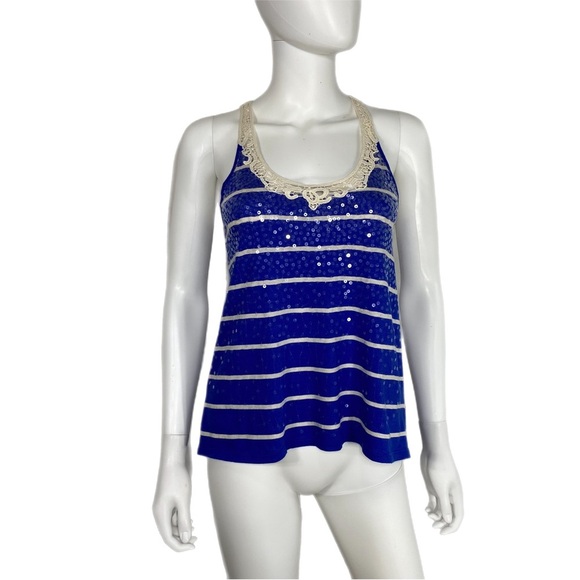 Express Royal Blue Striped & Sequins Crochet Racer Back Tank - Picture 1 of 6